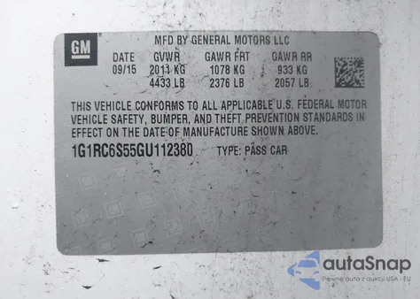 2016 Chevrolet Volt Lt z USA, uszkodzony, nr VIN 1G1RC6S55GU112380